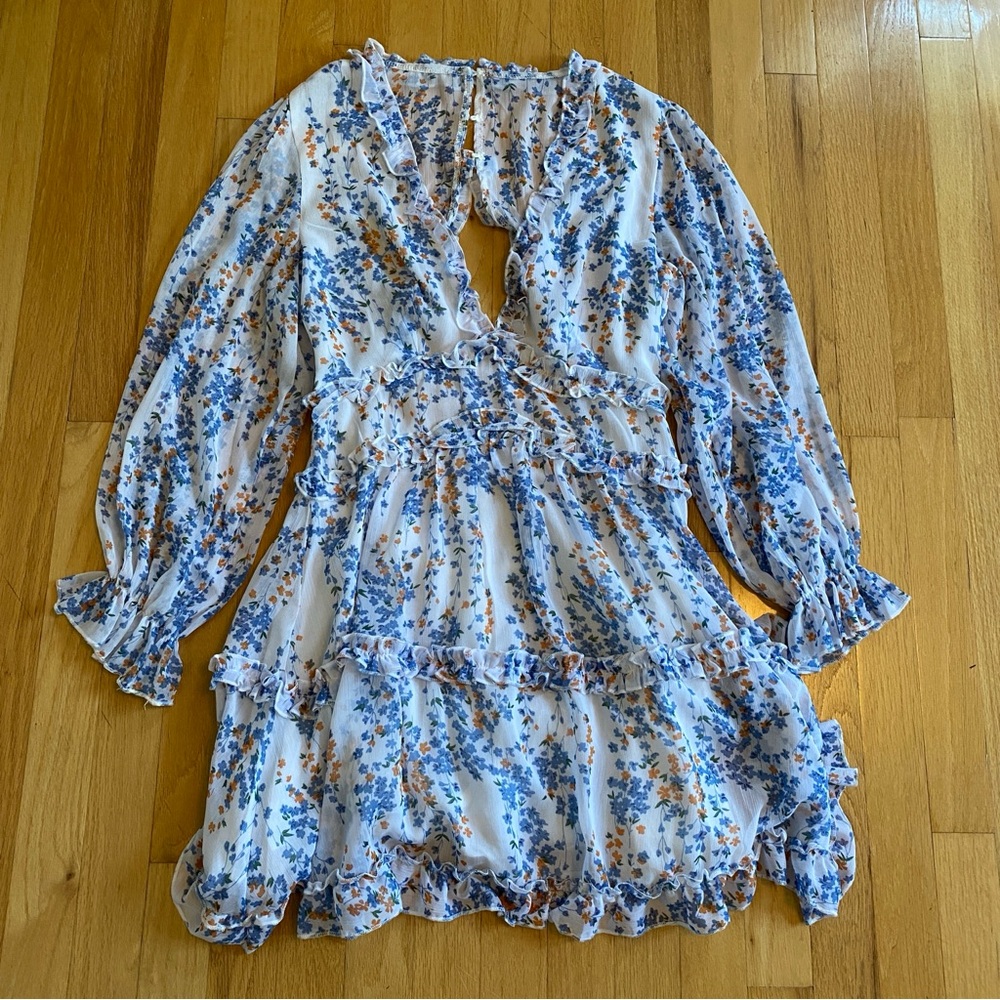 Blue, Orange, and White Floral Long Sleeve Dress Medium
